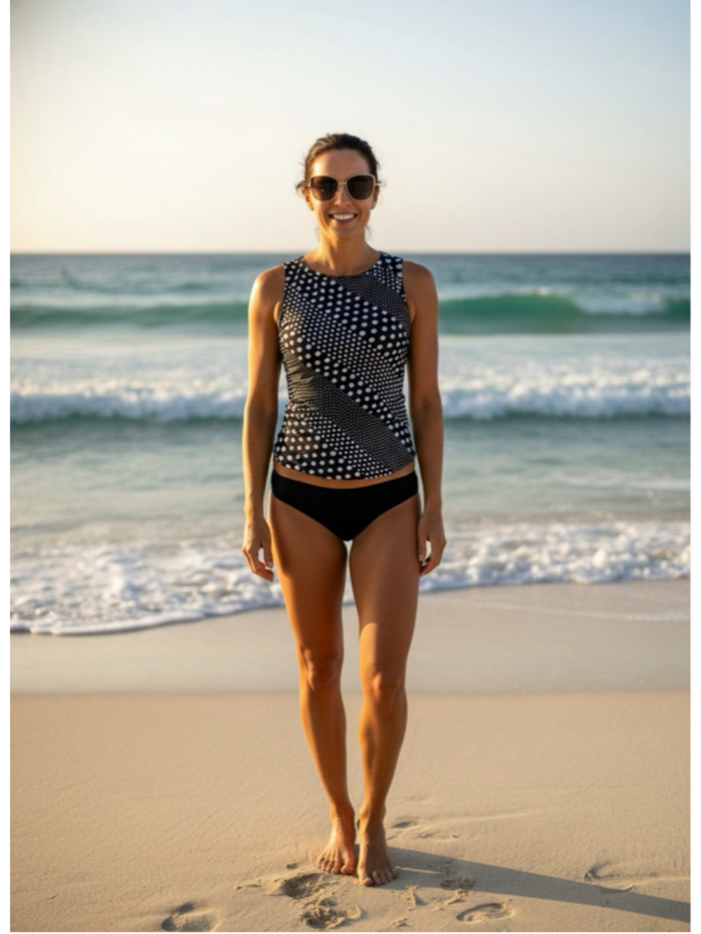 Women’s High Neck Swim Tankini Top UPF 50 Black Dot Print